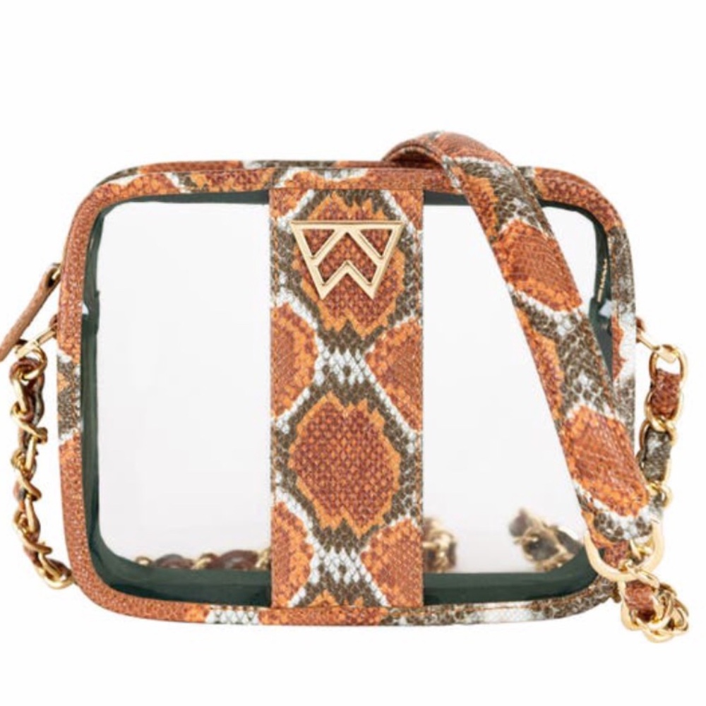 Brand New Kelly Wynne clear bag in orange python